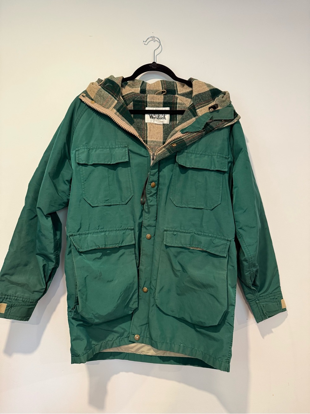 Vintage 70s Woolrich Jacket Hooded Wool Plaid Lined Parka Coat Green Medium